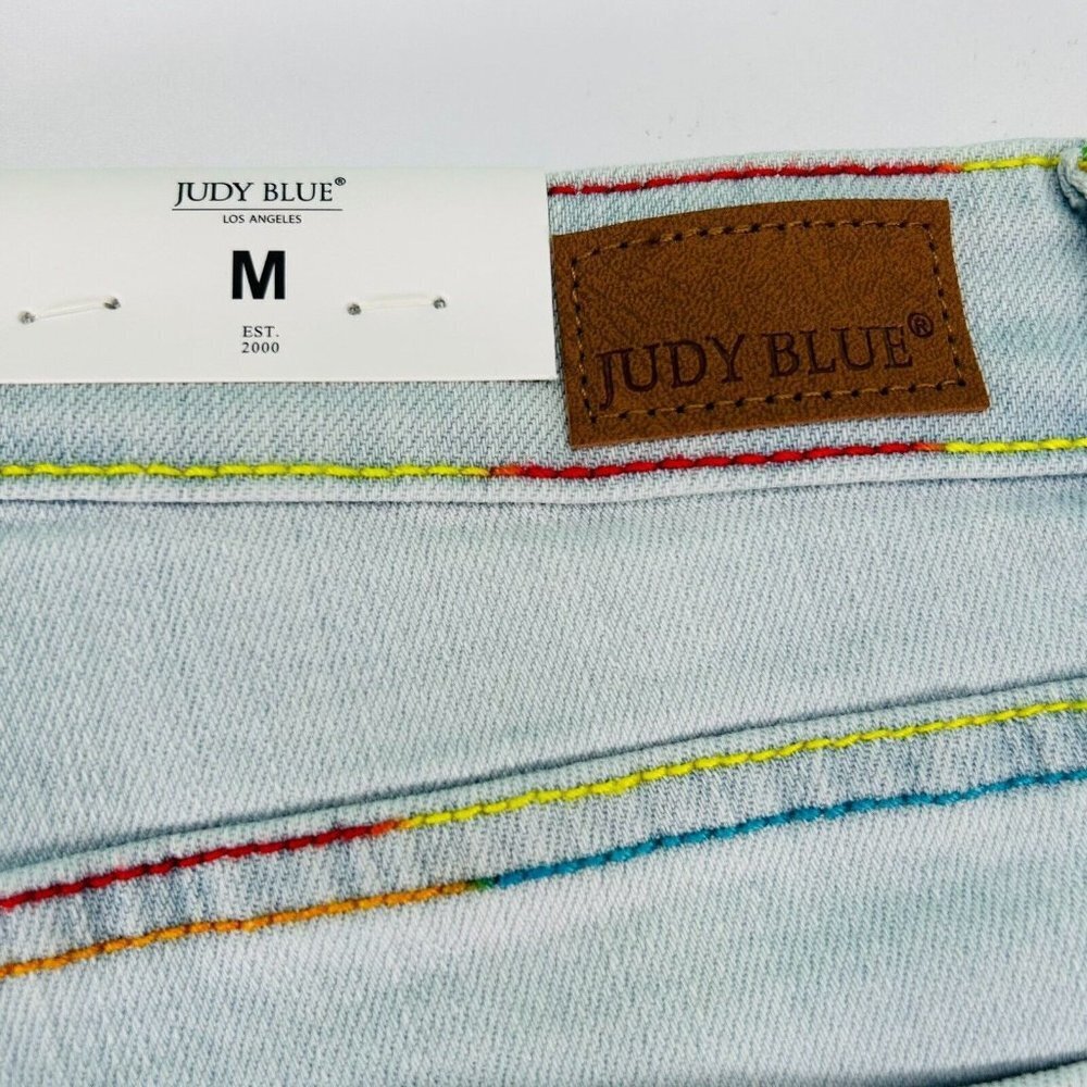 Judy Blue Jean Shorts Womens Size M or L Mid Rise Light Wash Rainbow Stitching - Picture 8 of 13